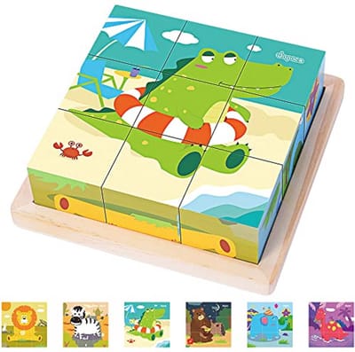 Japace Kubuspuzzel, 3D-fotokubus, puzzel, 6-in-1 dierenmotieven, houten puzzel voor kinderen vanaf 1, 2, 3, 4 jaar, Montessori, educatief speelgoed, cadeau voor jongens en meisjes