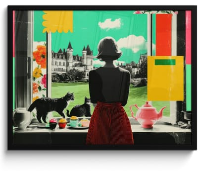 Poster in lijst - Fotolijst 80x60 cm - Posters - Vrouw - Keuken - Katten - Doorkijk - Posterlijst zwart - Decoratie - Wanddecoratie woonkamer - Muurdecoratie slaapkamer