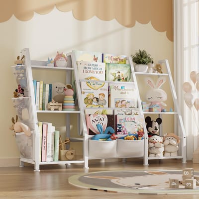 Unyqoos® Kinderboekenkast en Speelgoedopbergmeubel voor Kinderen met 6 Open Vakken en Stofvakken