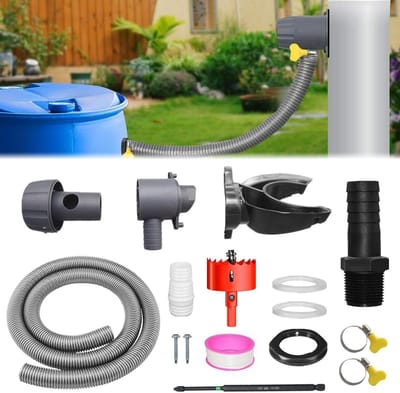 Verzamelset voor Regenwater met Bevestigingsaccessoires, Inclusief 1 m Slang, Dropfilter en Regenpijpverbinder voor Efficiënte Wateropvang