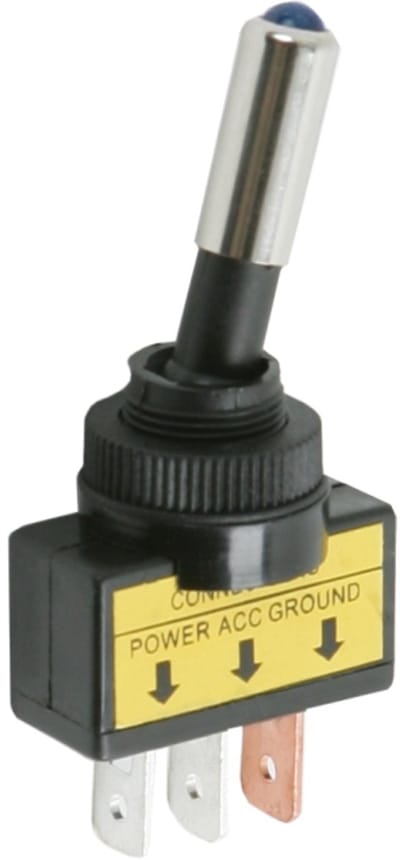 2x Tuimelschakelaar Met Blauwe LED SPST ON-OFF - Toggle Switch 12V DC 20A - Inbouw Schakelaar Met LED Indicatie Voor Voertuigen En Elektrische Apparatuur - Inbouwdiepte 26mm - Aansluitingen 3x6,4mm - Verkoopeenheid 2 Stuks [09058KE]