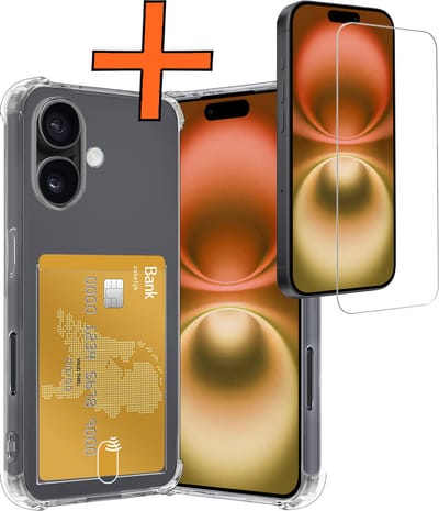 Hoes - Geschikt voor Apple iPhone 16 - Met Screenprotector - En Pashouder - En Kaarthouder - Telefoon Hoesje Shockproof - Siliconen Case - Back Cover - Shock Proof - Pasjes Houder - Transparant