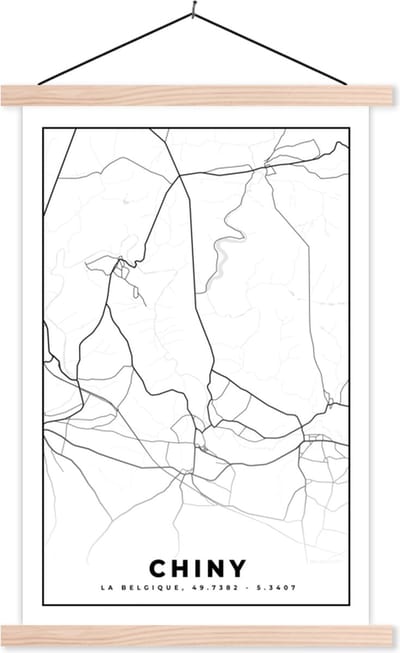 Posterhanger incl. Poster 40x60 cm - Schoolplaat - Zwart Wit – België – Plattegrond – Stadskaart – Kaart – Chiny - Textielposter - Blanke latten - Stadskaart