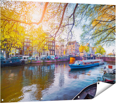 Gards Tuinposter Amsterdamse Gracht tijdens het Voorjaar - 120x90 cm - Tuindoek - Tuindecoratie - Wanddecoratie buiten - Tuinschilderij