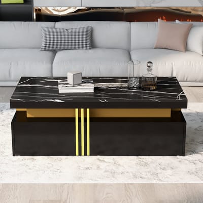 Salontafel - Zwarte salontafel - Hoogglans - Marmerlook - 2 lades - Metalen accenten - Krasbestendig - Rechthoekig - Woonkamer - 100x50x40 cm - Opbergruimte - Zwart