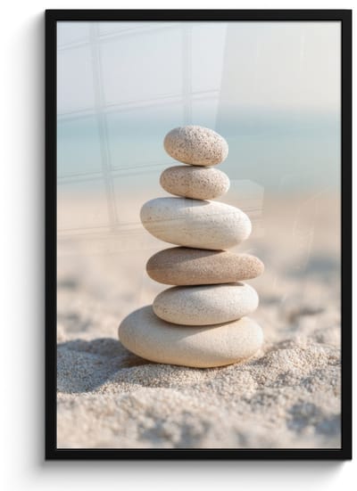 Poster in lijst - Fotolijst 60x90 cm - Posters - Stenen - Stapel - Zand - Zee - Posterlijst zwart - Decoratie - Wanddecoratie woonkamer - Muurdecoratie slaapkamer