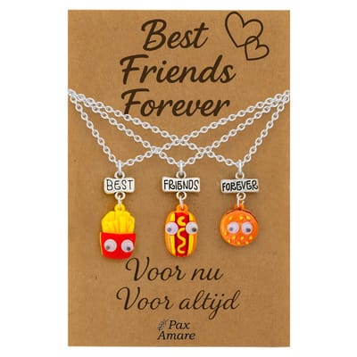 BFF Ketting voor 3 'Best Friends Forever' - Fast Food Friends - Vriendschapsketting op Cadeau Kaartje - 45cm + 5cm verstelbaar - Zilverkleurig - Best Friends Hanger - Pax Amare