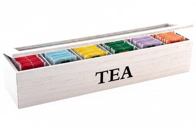Cookinglife Theedoos Theekist 6 Vakken - Tea Box - Hout Wit - Glazen Deksel - 43 x 9 x 9 cm