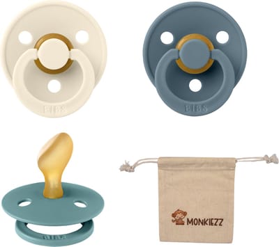 Bibs Dental fopspenen Anatomical 6-18 maanden- Set 3 stuks- Ivory , Petrol, Island Sea + Monkiezz speenzakje - orthodontisch- Anatomisch- Maat 2