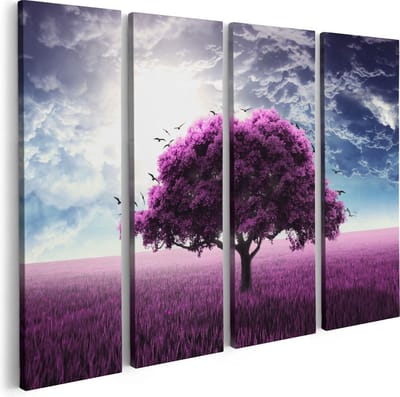 Artaza Canvas Schilderij Vierluik Paarse Boom In Het Paars Veld Met Vogels - 80x60 - Foto Op Canvas - Canvas Print