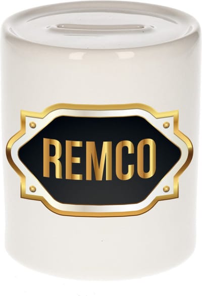 Spaarpot met voornaam Remco - wit - met goud/zwart embleem - 8 x 9 cm - keramiek - met afsluitdop - cadeau verjaardag