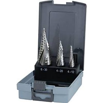 RUKO stappenboorset, Ø 4-12/4-20/4-30 mm, HSS-Co5 spiraalgroef, kruisgefreesd, 3 spanvlakken, 3-delige set in kunststof koffer