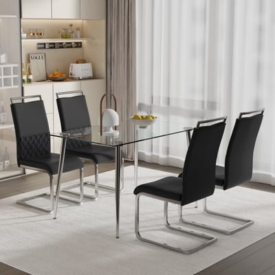 Eetkamerstoelen, set van 4, PU-leer en linnen rugleuning, hoge gestoffeerde stoel, horizontale strepen op de rugleuning, geschikt voor eetkamer, keuken, gastenkamer of kantoor, Zwart