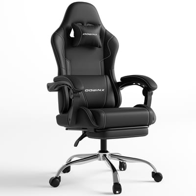Dowinx Gaming stoel met voetsteun - Ergonomische bureaustoel met massage lendensteun - Verstelbare rugleuning en hoofdsteun - Kunstleren gaming fauteuil voor kantoor, thuis en gaming - 51x49x130 cm - Zwart