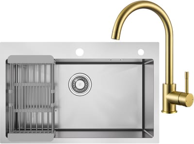 CECIPA max Spoelbak 70x45cm - Spoelbak Keuken RVS - Spoelbakken Keuken Met Goud Keukenkraan - Wasbak Keuken met Afvoersysteem- Geschikt voor 80 cm spoelbakkast