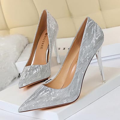 Mode Sexy Feest Hoge Hakken Damesschoenen Stiletto Hak Ondiepe Mond Puntige Neus Pailletten Schoenen 40 gray