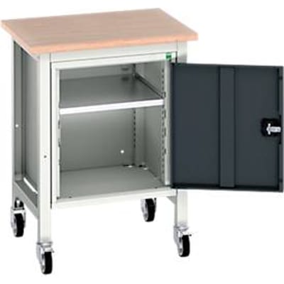 Verrijdbare werkbank Bott verso, multiplexplaat, 1 deur & 1 legbord, wielen, B 700 x D 600 x H 930 mm, RAL 7035 lichtgrijs / antracietgrijs