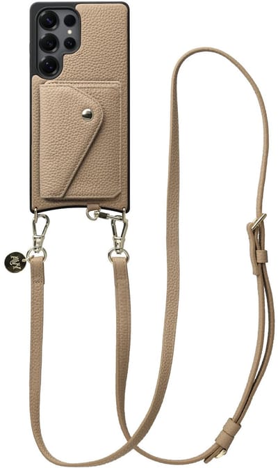 AVY Leren Hoesje geschikt voor Samsung Galaxy S25 Ultra | Met Koord en Magnetische Kaarthouder | Compatibel met MagSafe | Leather Case met 130CM Koord & Wallet | Long Leather | Beige
