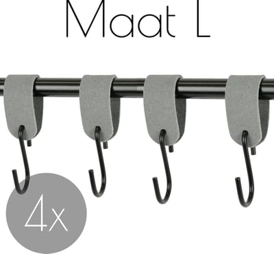 4x Leren S-haak hangers - Handles and more® | SUEDE GREY - maat L (Leren S-haken - S haken - handdoekkaakje - kapstokhaak - ophanghaken)