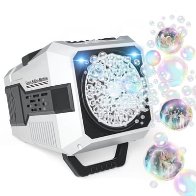 Elektrische Bellenblaasmachine met LED Verlichting - 40 Gaten - 10.000+ Bellen per Minuut - USB & Batterij Gevoed - 2 Snelheden - Draagbaar Buitenspeelgoed voor Kinderen & Huisdieren - Perfect voor Bruiloft & Tuinfeest - Wit