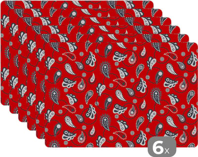 Placemat - Placemats kunststof - Bandana - Flora - Retro - Design - 45x30 cm - 6 stuks - Hittebestendig - Anti-Slip - Onderlegger - Afneembaar