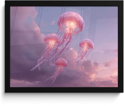 Poster in lijst - Fotolijst 40x30 cm - Posters - Kwallen - Roze - Wolken - Posterlijst zwart - Decoratie - Wanddecoratie woonkamer - Muurdecoratie slaapkamer