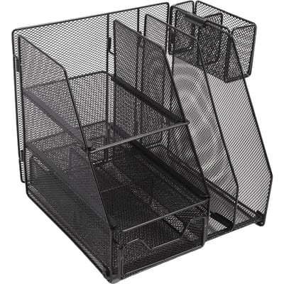 Desktop Bestandsorganizer 2 Secties 3 Lagen Afneembare Mesh IJzeren Bureau-organizer met Lade en Pennenhouder gray