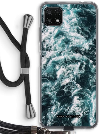 Case Company® - Hoesje met koord geschikt voor Samsung Galaxy A22 5G hoesje met Koord - Zee golf - Telefoonhoesje met Zwart Koord - Bescherming aan alle Kanten en Over de Schermrand