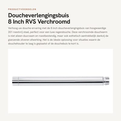 Dailygoods- Douchearm 8" - Verstelbare Douchebeugel - Roestvrij Staal - Chroom Geplateerd - Antiroest - Geschikt voor G1/2 Aansluiting - Douchebuis