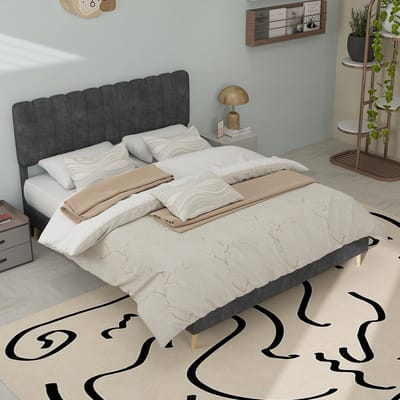 Wishdor Gestoffeerd Bed – 140 x 200 cm – Zacht Hoofdbord – Stof en Metaal Grijs – Lattenbodem Zonder Boxspring – Eenvoudige Montage – Stijlvol en Robuust voor Moderne Slaapkamer