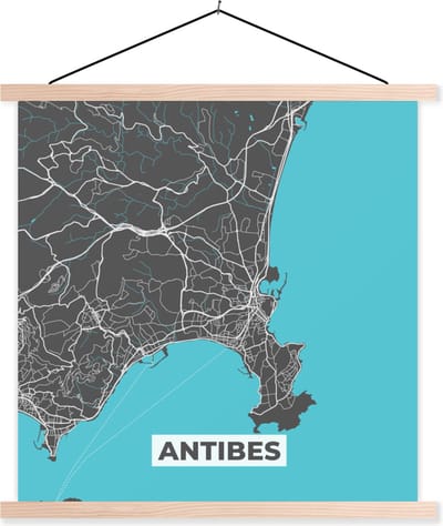 Posterhanger incl. Poster 40x40 cm - Schoolplaat - Antibes - Frankrijk - Plattegrond - Stadskaart - Kaart - Textielposter - Blanke latten - Stadskaart