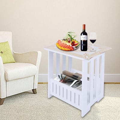 Bijzettafel met mand - Theetafel nachtkastje - Woonkamer kantoor - Stabiele structuur - 34x26x40cm - Wit