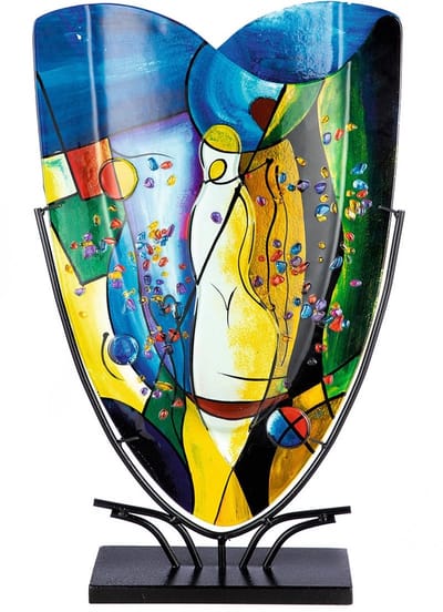 Vaas van glas op metalen voet, decoratie voor de woonkamer, cadeaus voor vrouwen, verjaardag, Kerstmis, meerkleurig, hoogte 58 cm
