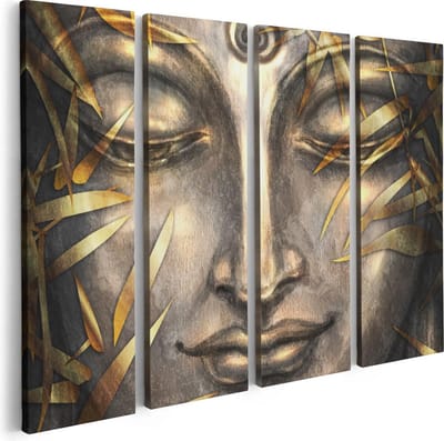 Artaza Canvas Schilderij Vierluik Boeddha Beeld Met Gouden Bladeren - 80x60 - Foto Op Canvas - Canvas Print