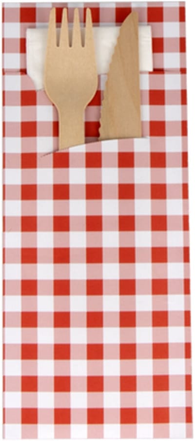 1x 520 Bestekzakjes 20 cm x 85 cm rood Vichy Karo inclusief wit servet