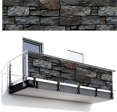 Balkonscherm 300x80 cm - Balkonposter Steenlook - Antraciet - Grijs - Balkon scherm decoratie - Balkonschermen - Balkondoek zonnescherm