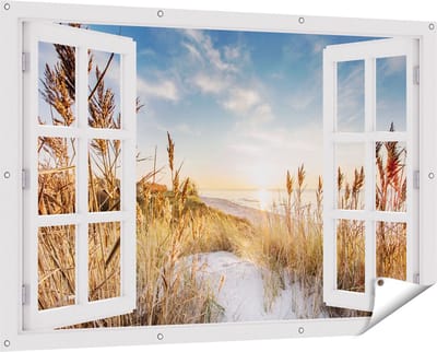 Gards Tuinposter Doorkijk Strand en Zee vanuit Duinen met Zonsondergang - 150x100 cm - Tuindoek - Tuindecoratie - Wanddecoratie buiten - Tuinschilderij