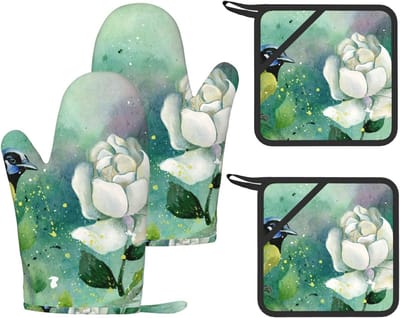 Ovenhandschoenen Set - Hittebestendige Wanten - Koken Bakken Barbecue - Siliconen Antislip - 28x18 cm - Bloemenprint