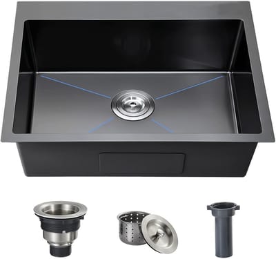 Dailygoods- Onderbouwspoelbak zwart 38 x 30 cm - Roestvrij Staal - Compacte Wastafel - Afdruiprek - Inclusief Zeef - Ideaal voor Kleine Keukens