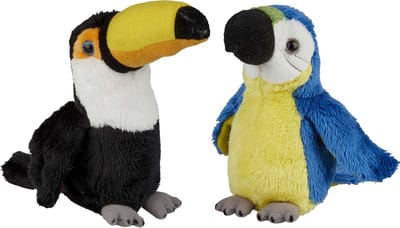 Ravensden - Tropische vogels knuffels - 2x stuks - Blauwe Papegaai en Toekan - 15 cm