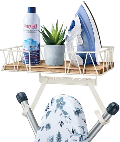 Dailygoods- Strijkplankhanger met grote opbergmand - Strijkplankhouder - Wandhouder - Metalen haken - T/Y-vormige poten - Stijlvol en robuust