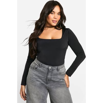 Dames Boohoo Basics Plus Dubbel Laag Slinky Square Neck Bodysuit | Black | Maat: 28