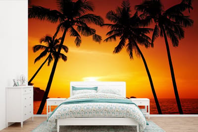 Behang - Fotobehang Palmboom - Zonsondergang - Strand - Oranje - Tropisch - Breedte 330 cm x hoogte 220 cm