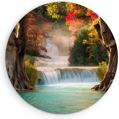 Saammp Muurcirkel Hout - Waterval tussen de bomen - Landschap - Natuur - Ø 90 - Wandcirkel - Wanddecoratie Cirkel - Muurdecoratie Woonkamer - Slaapkamer decoratie - Rond Schilderij