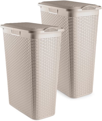 Plasticforte Smalle Wasmand met deksel Rotan - 2x - beige - gevlochten kunststof - 48 liter - 27 x 46 x 60 cm
