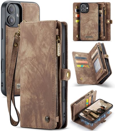 CaseMe Hoesje - Geschikt voor iPhone 16 Hoesje - CaseMe 008 2-in-1 Book Case & Back Cover met Portemonnee - Bruin