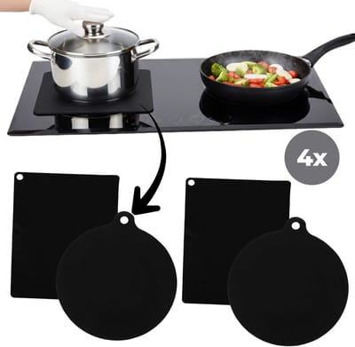 Lomera Inductie Beschermer Set - Hittebestendig tot 250 Graden - Inductie Mat - Siliconen Mat - Zwart - Antislip - Makkelijk Schoon te Maken - Set van 4 Stuks - Inductie Afdekmat - Ronde en Vierkante Matten