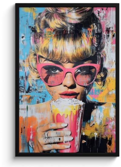 Poster in lijst - Fotolijst 60x90 cm - Posters - Zonnebril - Vrouw - Kleurrijk - Verfspetters - Posterlijst zwart - Decoratie - Wanddecoratie woonkamer - Muurdecoratie slaapkamer