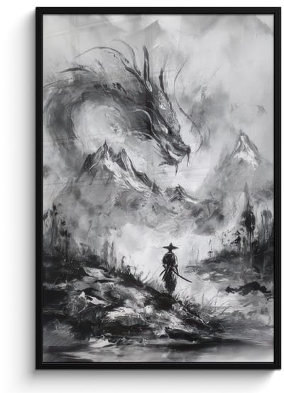 Poster in lijst - Fotolijst 80x120 cm - Posters - Krijger - Draak - Grijs - Posterlijst zwart - Decoratie - Wanddecoratie woonkamer - Muurdecoratie slaapkamer