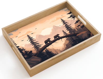 Dienblad hout 40x30 cm - Schootdienblad - Beren - Bomen - Landschap - Zonsondergang - Borrelplank rechthoek - Plateau dienbladen